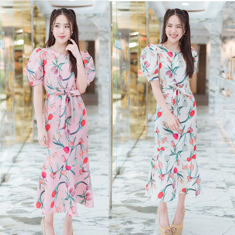 kudapy เดรสยาวสีชมพู,สีครีม ลายทิวลิปแขนตุ๊กตา ผ้าใส่สบายสวยดูดี
