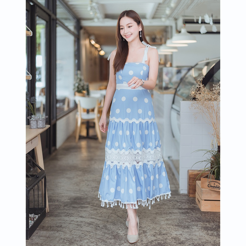 kudapy เดรสยาวแขนกุดสีฟ้า สายเดี่ยวแทรกลูกไม้ใส่สบายสวยดูดี