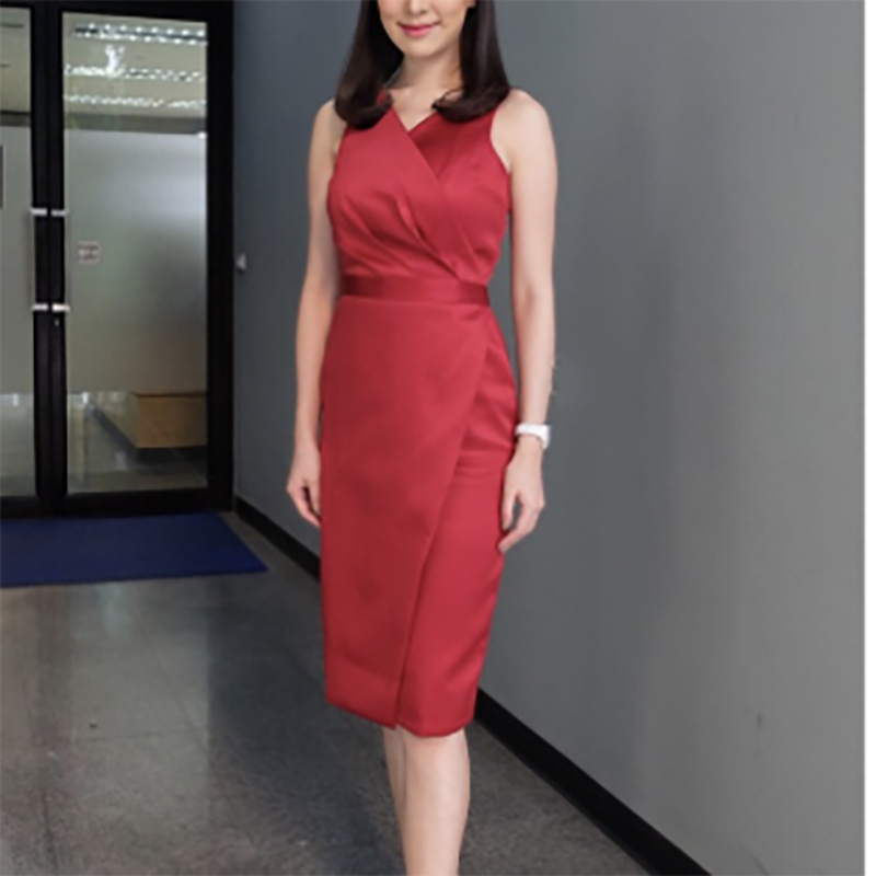 kudapy เดรสสั้นแขนกุดสีแดง,สีน้ำเงิน,สีเทา,สีกรมท่า คอวีใส่ออกงาน ผ้าซาร่าเนื้อเงา รีดอัดผ้ากาวอย่างดี