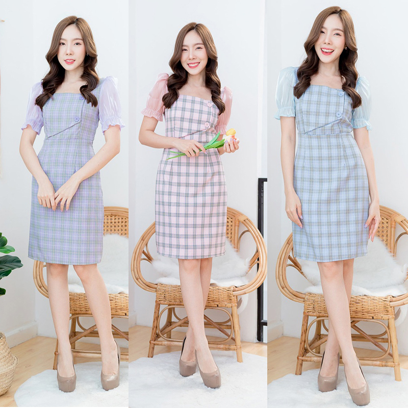 kudapy เดรสสั้นแขนยกพองลายสก็อตคอเหลี่ยมสีม่วง/สีชมพู/สีฟ้า คอเหลี่ยมแขนตุ็กตาชีฟองลายตาราง