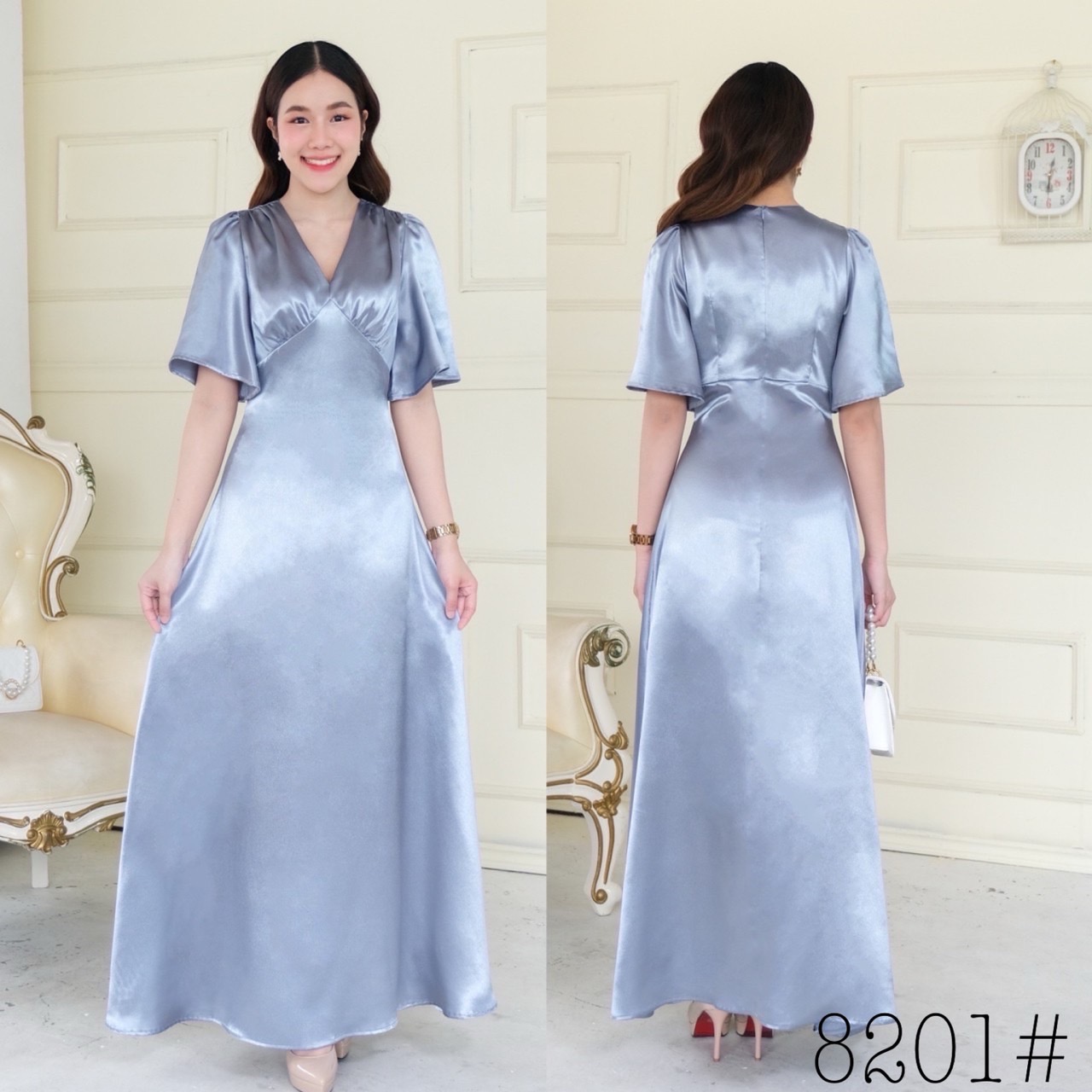 kudapy เดรสยาว แขนระฆัง คอวี คัตติ้งเอวสูง จับจีบใต้อก กระโปรงบานพรางแขน พรางสะโพก ซิปหลังยาว