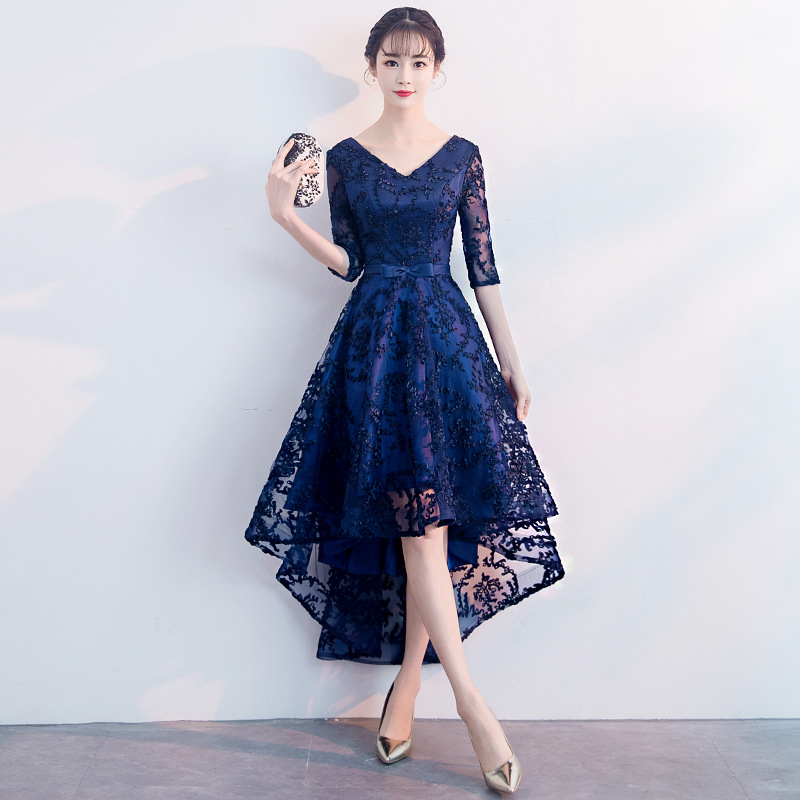 kudapy เดรสกระโปรงทรงบานหน้าสั้นหลังยาวสีแดง/สีน้ำเงินกรมท่า ออกงาน คอวีปักลายนูน แนวเรียบหรู สวย ดูดี ใส่เป็นชุดราตรี