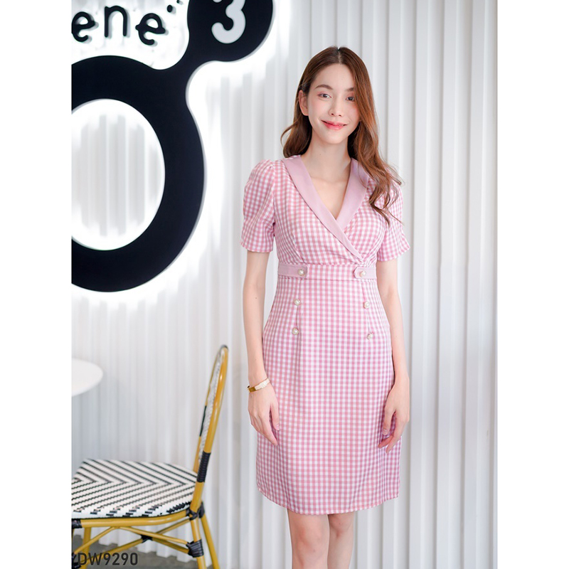 kudapy เดรสสั้นสีม่วง/สีกรม/สีชมพู คอปกสูทลายสก็อต