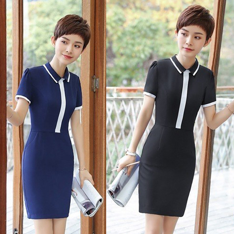 kudapy เดรสแขนสั้นสีกรมท่า สีดำ คอปก ผ้าไม่บาง และไม่หนาเกินไป เข้ารูป ทรงสอบ เหมาะสำหรับใส่ทำงาน
