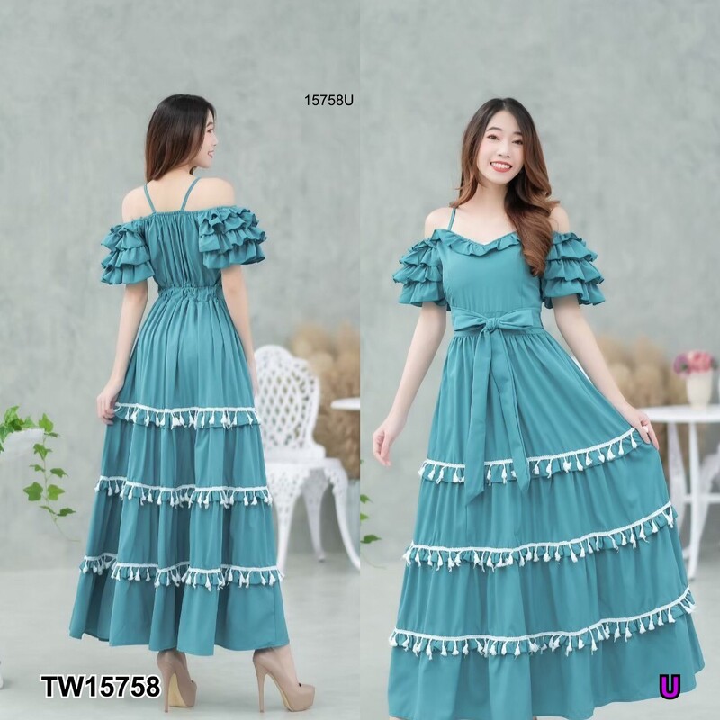 kudapy แม็กซี่เดรสสีชมพู ม่วง ม่วงอ่อน เขียว โอรสเข้ม สายเดี่ยวเว้าไหล่ แขน 2 ข้างระบายชั้น ผ้าไหมอิตาลี่ ระบายชั้นๆ