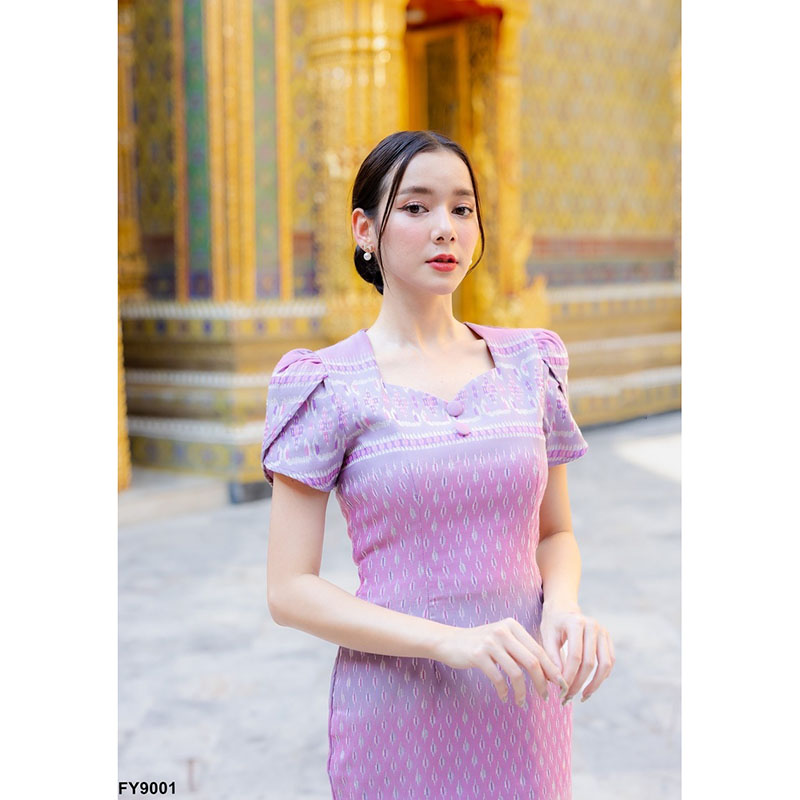 kudapy เดรสสั้นสีโอรส/สีชมพู/สีม่วง/สีฟ้า ผ้าทอแขนบัว เดรสผ้าไทยสวยดูดี ใส่ออกงาน