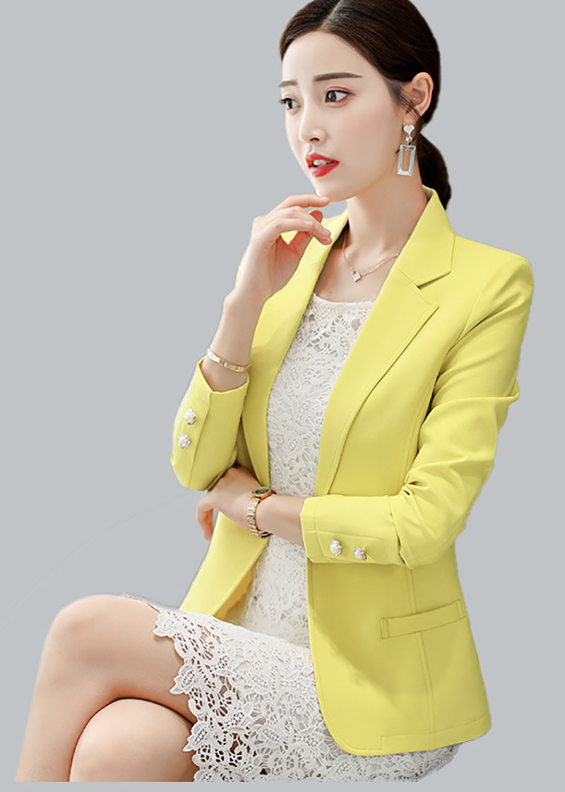 เสื้อสูทผ้าโพลีเอสเตอร์ผสมสีเหลือง แขนยาว