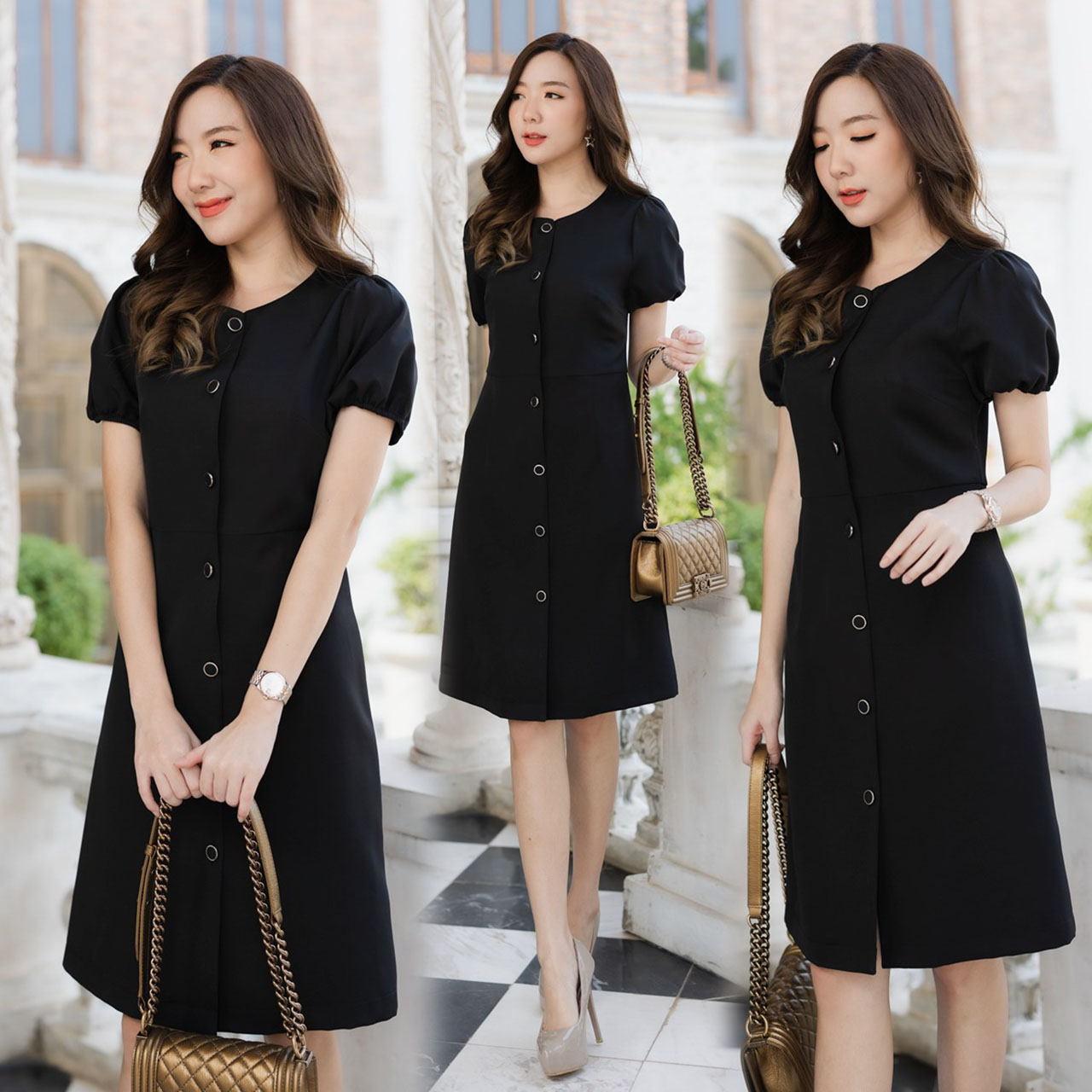 kudapy เดรสผ้าโพลีเอสเตอร์เนื้อหนา คอกลมแต่งกระดุมหน้าใช้งานได้ แต่งแขนจั้มตุ๊กตา