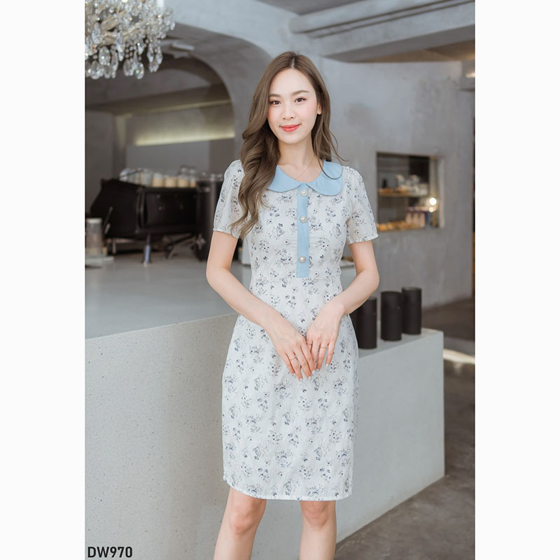 kudapy เดรสสั้นสีชมพู/สีฟ้า/สีน้ำตาล ลายดอกปกคอบัว ใส่เที่ยว ออกงานสวย ใส่สบายตัวมากๆ
