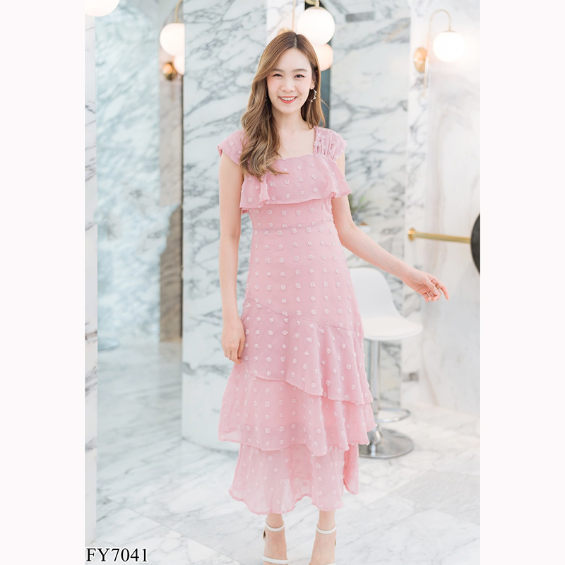 kudapy เดรสยาวสีชมพู/สีขาว/สีเขียว ชีฟองจุดอกระบาย
