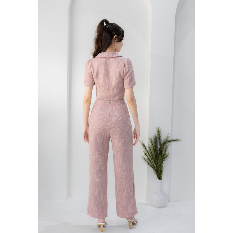 kudapy เซ็ทผ้าทวิตเสื้อปกสูท+กางเกงขายาวสีชมพู/สีดำ