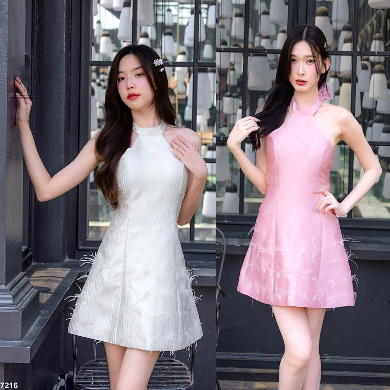kudapy เดรสสั้นสีชมพู/สีขาว คล้องคอแต่งขนนก ใส่ออกงาน สวยน่ารัก