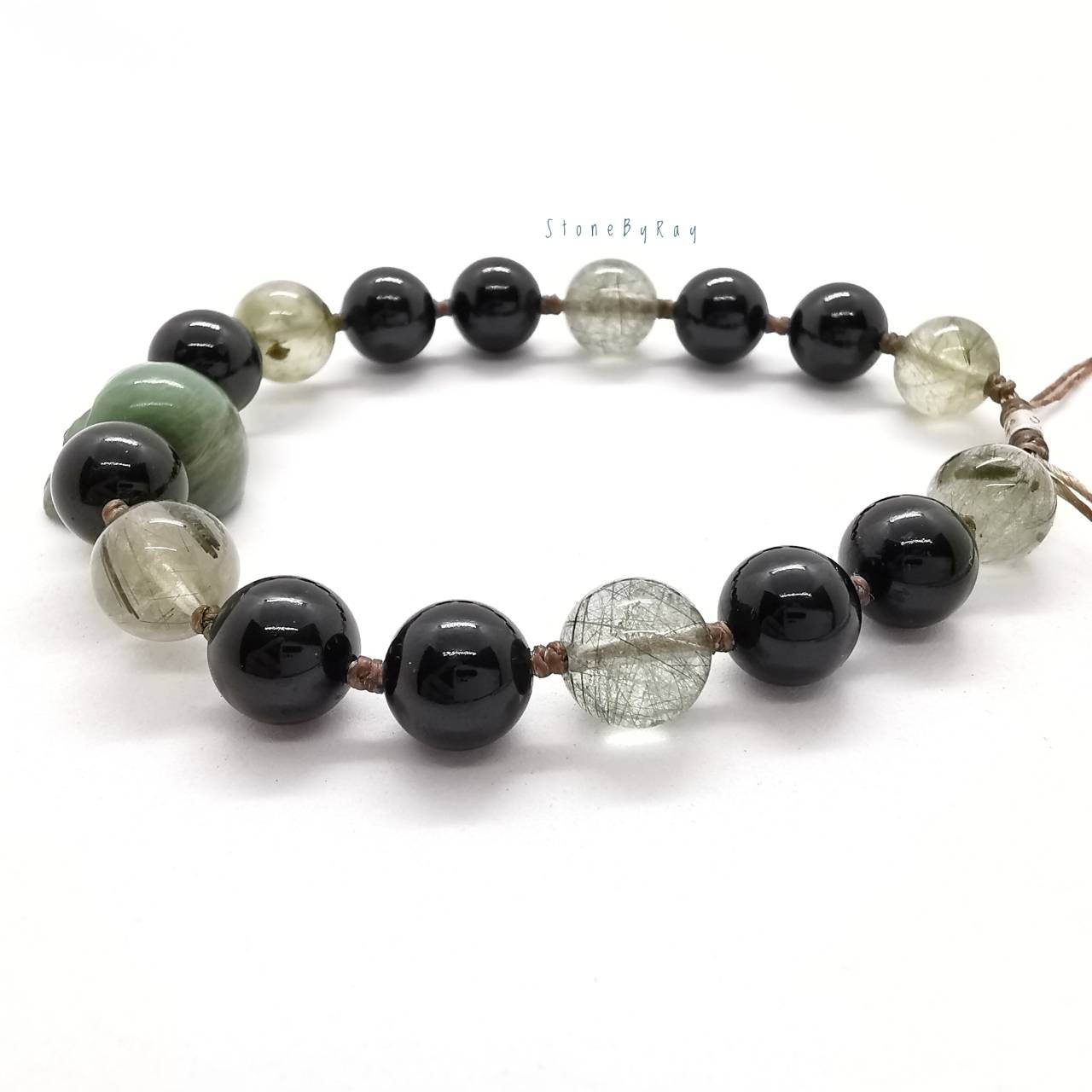 สร้อยข้อมือหินกรีนเพรสแจสเปอร์,นิล,หินไหมเขียว Green Prase Jasper+Black Spinel+Green Rutile Quartz