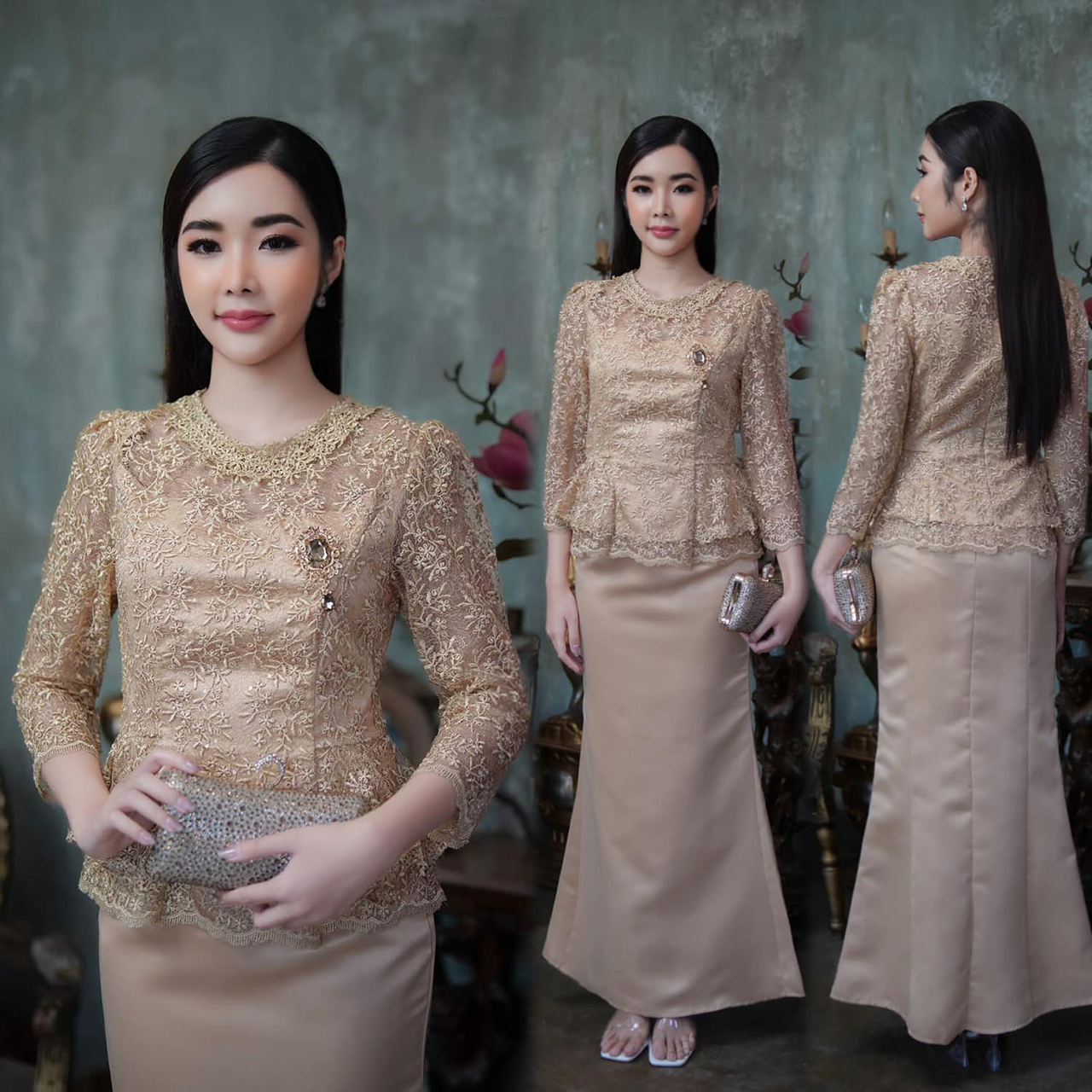 kudapy ชุดเซ็ทชมพูกลีบบัว / น้ำตาลทอง ลูกไม้ใยบวบ แขนยาว มีซิปหลัง ซับในทั้งเสื้อและกระโปรง