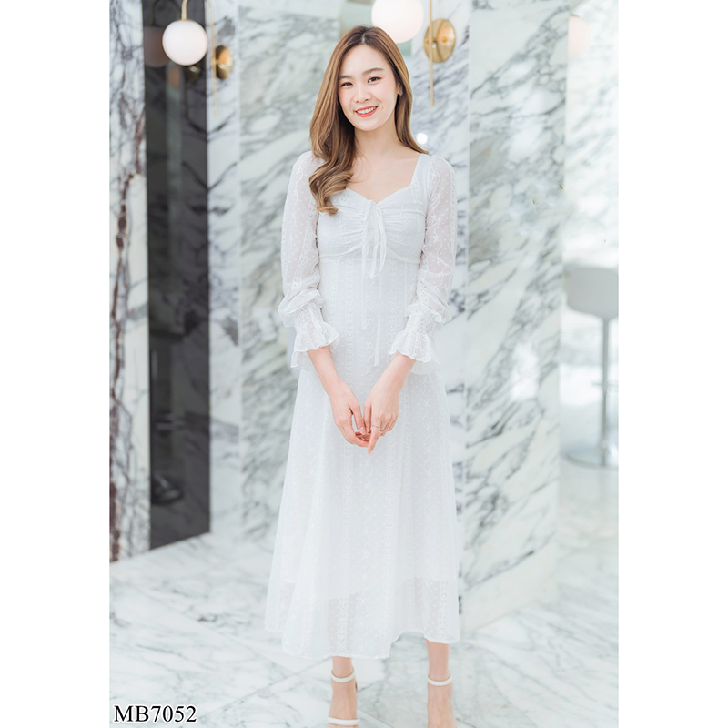 kudapy เดรสยาวสีกรม/สีขาว/สีชมพู แขนยาวลูกไม้ซีทรู สวยดูดีใส่สบายตัว