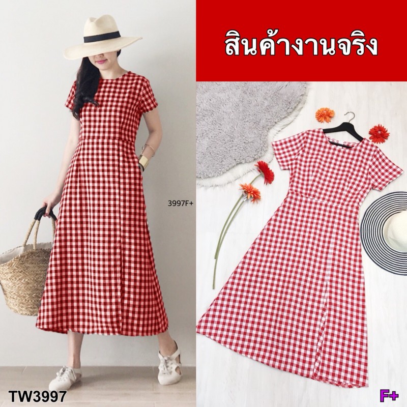 kudapy แม็กซี่เดรส ยาว งานผ้าทอลายสก็อตแขนสั้น ทรงหรู ดูน่ารักฝุุดๆ มีซิปหลัง