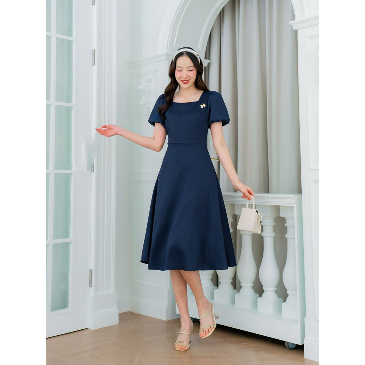 kudapy เดรสสั้นสีเหลือง/สีฟ้า/สีกรม แขนตุ๊กตากระโปรงบาน