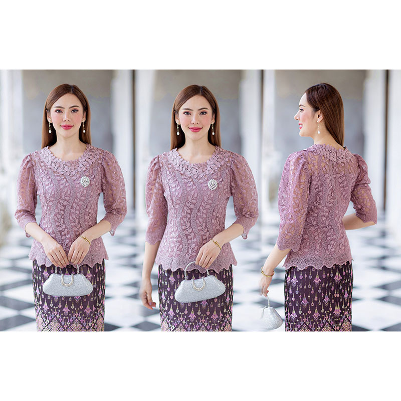 kudapy kudapy (เฉพาะเสื้อ) เสื้อลูกไม้สีม่วง/สีเขียว/สีฟ้า ผ้าลูกไม้ใยบวบเนื้อดี คอกลมสูง มีซับใน ซิปหลัง