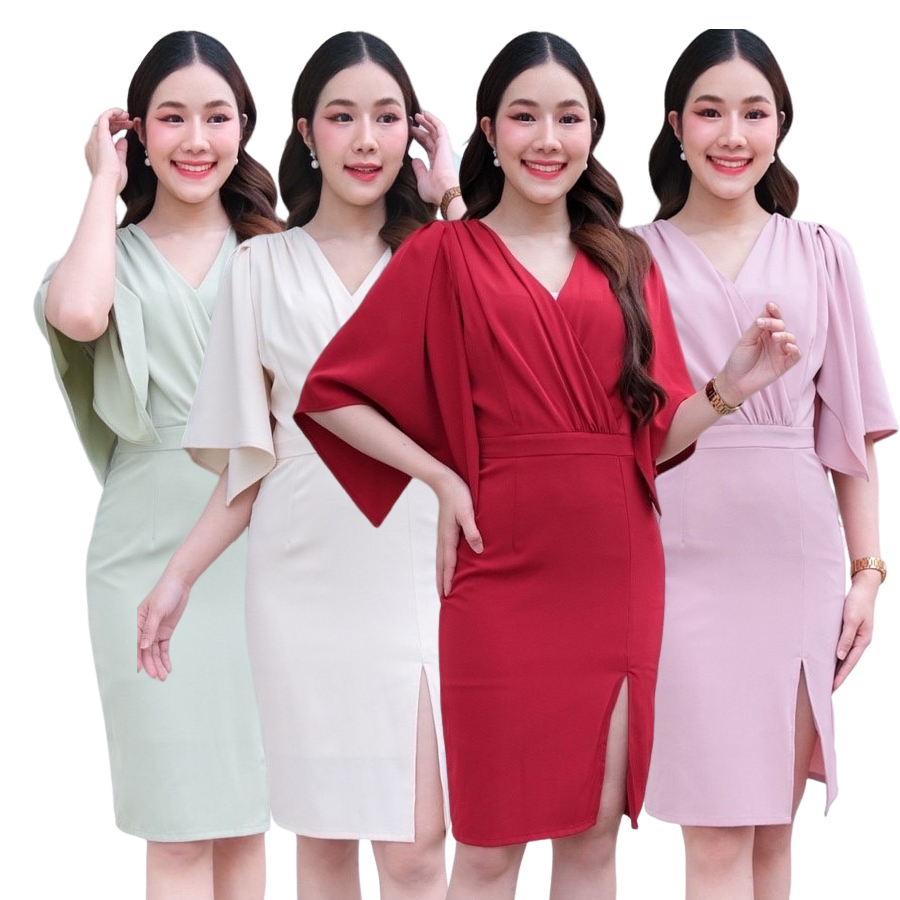kudapy เดรสสั้นสีชมพูอ่อน/สีครีม/สีเขียวมิ้นท์/สีแดงเข้ม แขนผ่าทรงปล่อย เดรสทรงสอบสั้น พรางแขน เนื้อผ้าเครปเกาหลี กระโปรงสอบทรงดินสอ