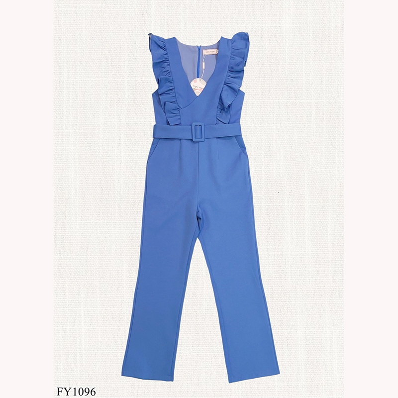 kudapy จั้มสูทขายาวสีฟ้า/สีน้ำตาล ระบายอก แต่งเข๊มขัดสวยดูดี ใส่สบาย