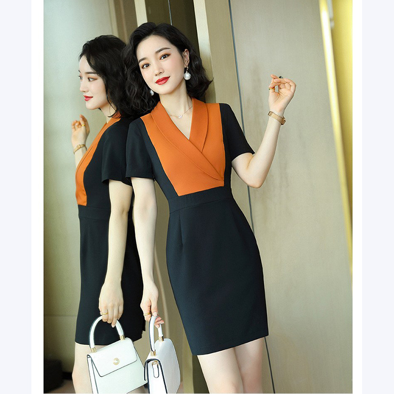 kudapy เดรสแขนสั้นสีดำขาว สีดำเหลืองเข้ม คอปก ทูโทน ผ้าไม่บาง และไม่หนาเกินไป เหมาะสำหรับใส่ทำงาน