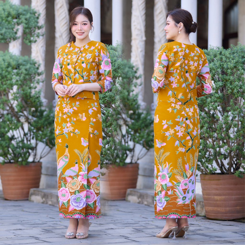 kudapyชุดเซ็ท ผ้าคอตตอนสีเหลือง พิมพ์ลายผ้าปาเต๊ะ ผ้าไม่ยืดไม่หด อัดกาวทั้งชุด