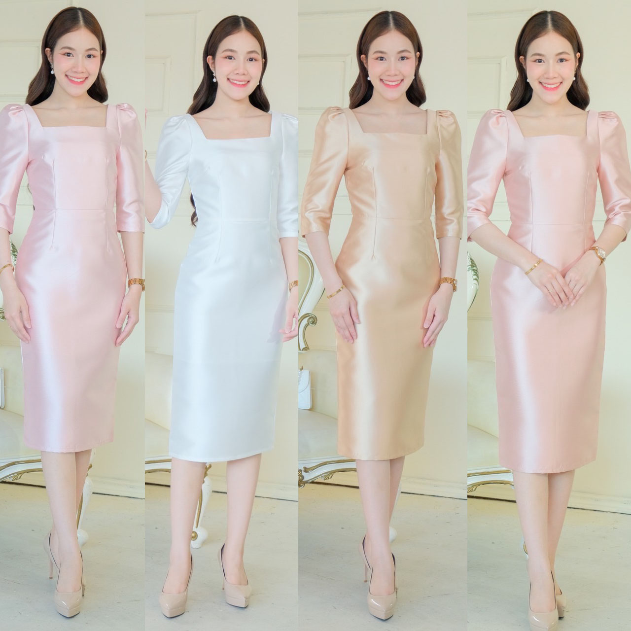 kudapy เดรสสั้นออกงาน แขนสามส่วน ดีเทลจับจีบหัวไหล่ กระโปรงสอบผ่าหลัง คอเหลี่ยม