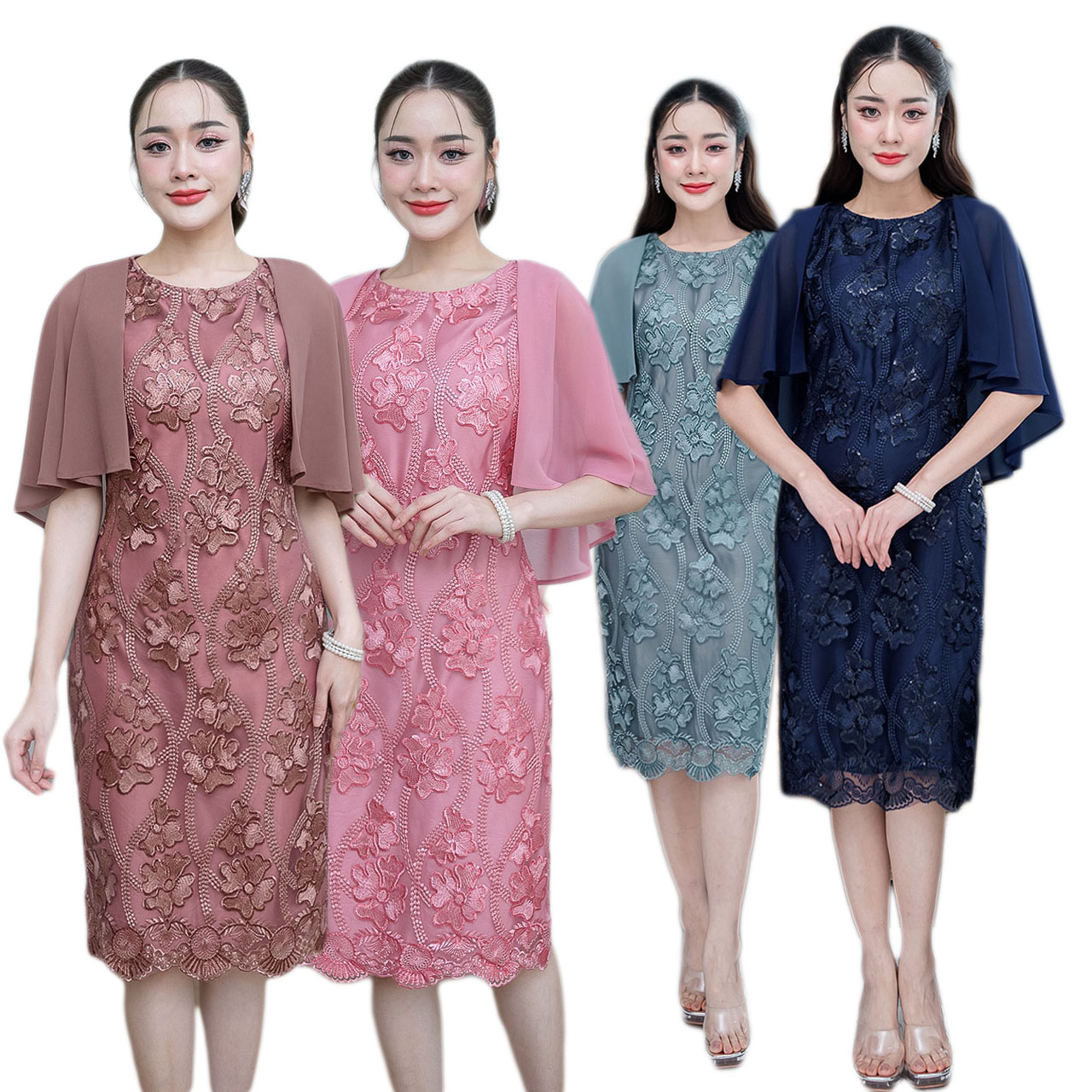 kudapy เดรสสั้น ผ้าลูกไม้ปักเงา ดีไซน์คลุมไหล่สวยหรู ตัวเนื้อผ้าลูกไม้รุ่นนี้ปักลายดอกไม้