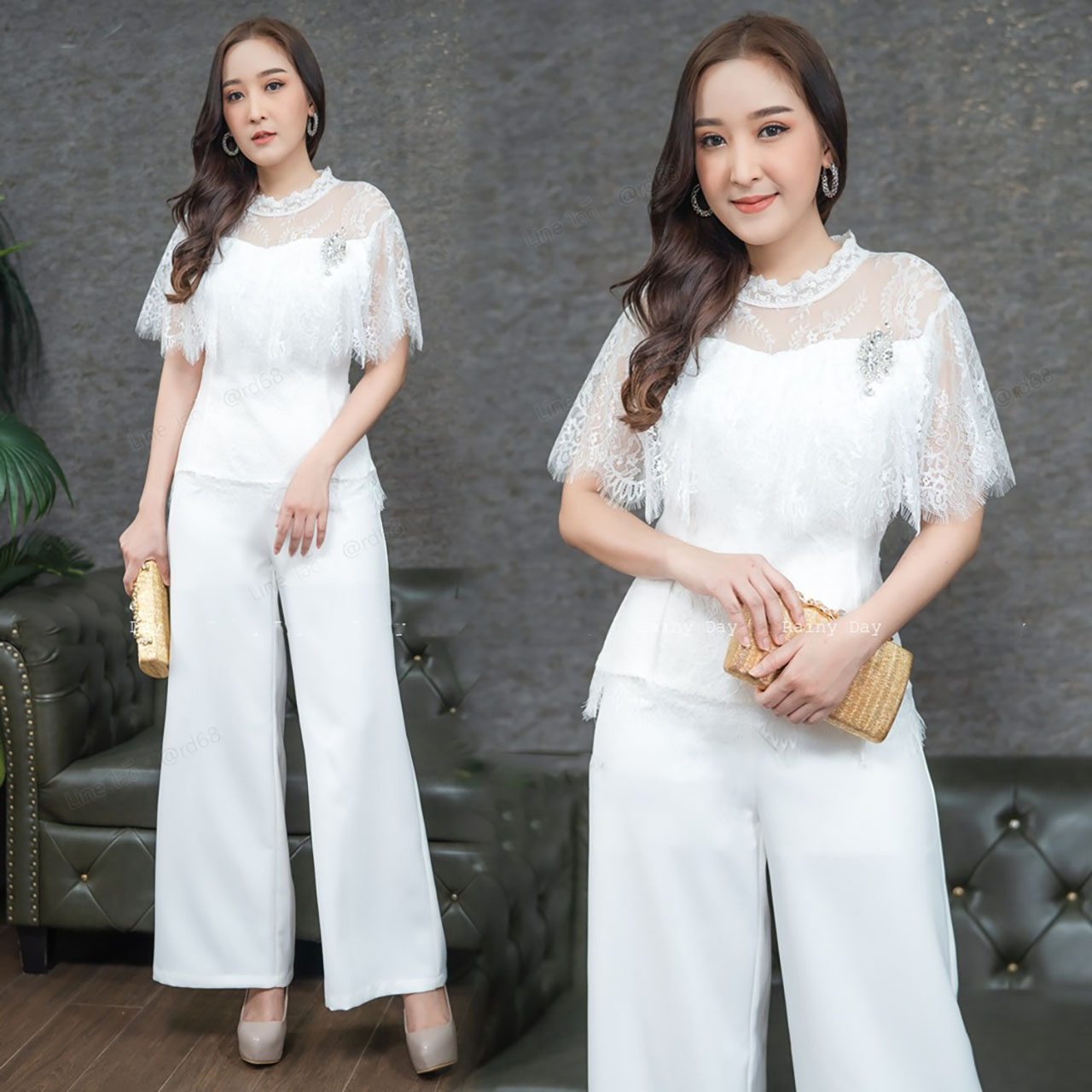 kudapy เซท 2 ชิ้นสีเทา/สีชมพูู/สีขาว (เสื้อ+กางเกง)ตัวเสื้อเป็นลูกไม้ฝรั่งเศสเนื้อนิ่มไม่คัน ผ้าโพลีเอสเตอร์ มีซิปหลัง คอปีนกางเกงเอวสูงใช้ผ้าโพลีเอสเทอร์ มีซิปซ่อนหลัง