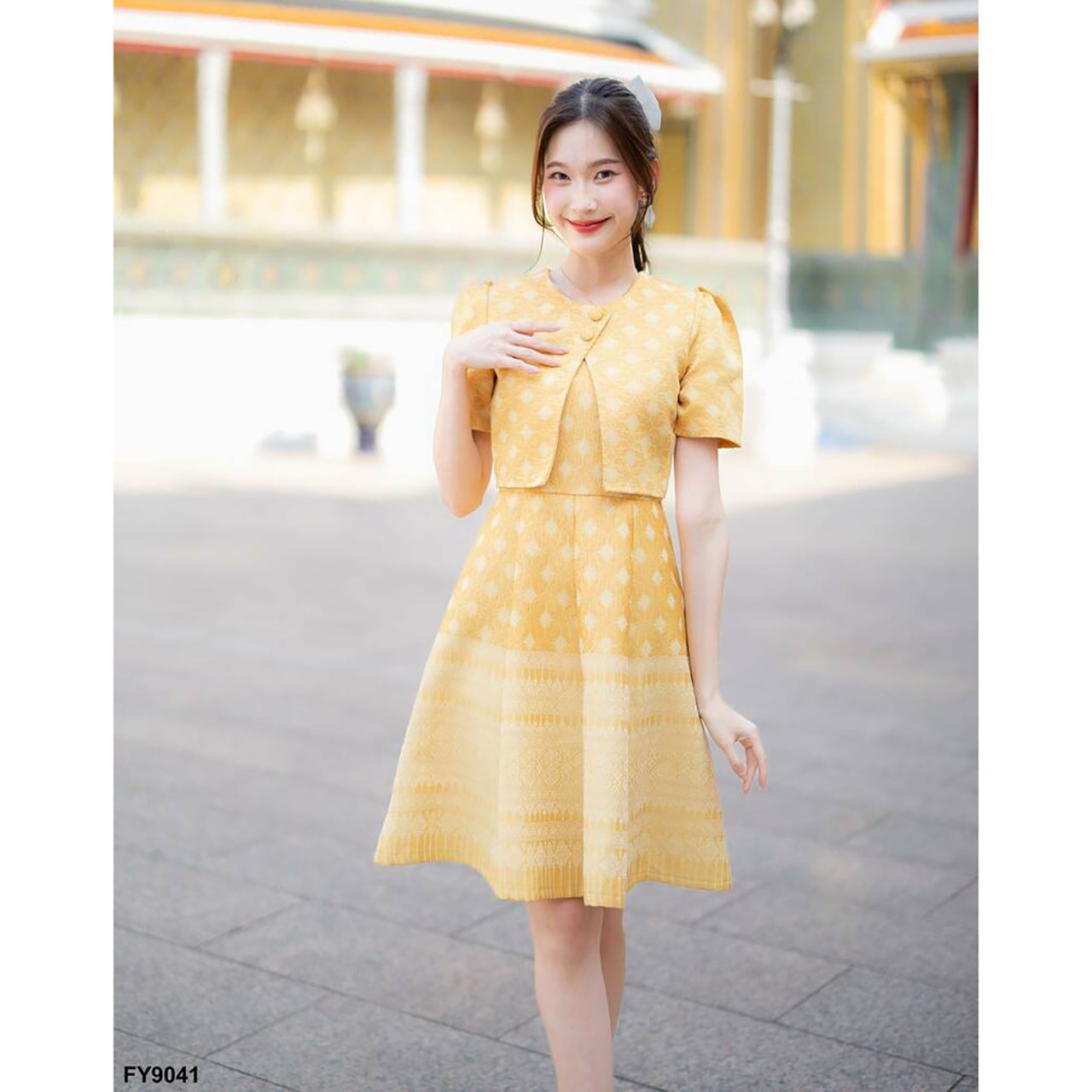 kudapy เดรสสั้สนสีม่วง/สีเหลือง ผ้าไทยกั๊กกระดุม 2 เม็ดกระโปรงบาน