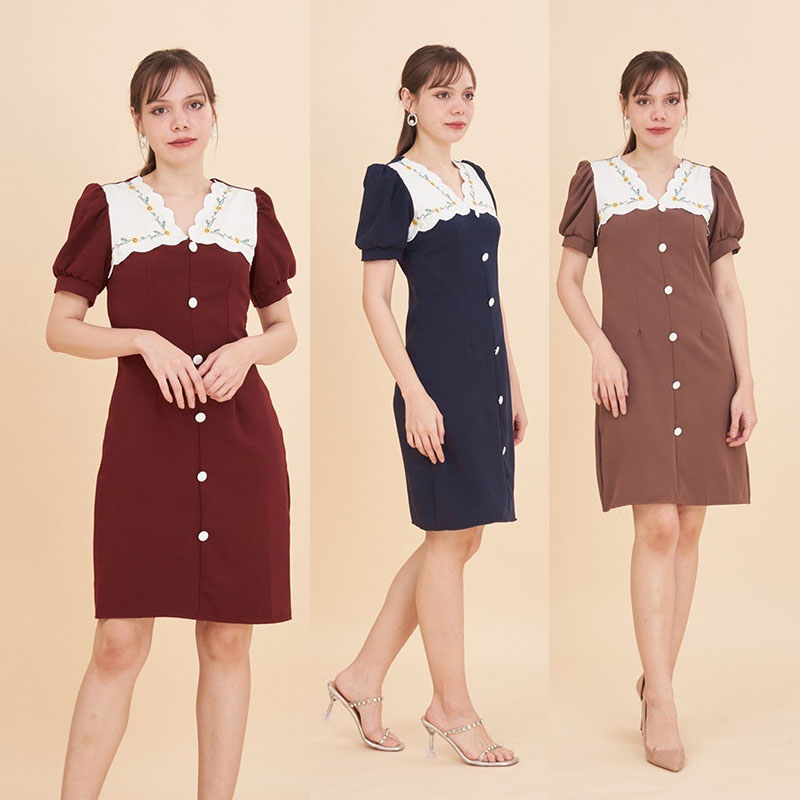 kudapy เดรสสั้นสีแดง/สีน้ำตาล/สีกรม อกปักลูกไม้แขนจั๊ม ใส่สบายสวยดูดี