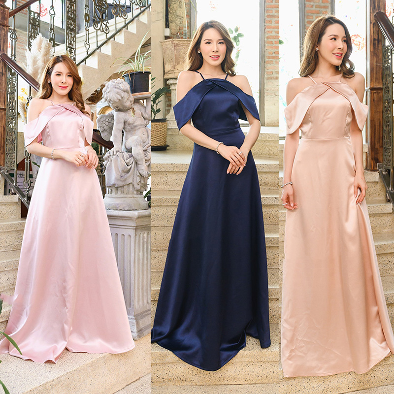 kudapy เดรสยาวสีชมพู/สีกรม/สีทองอมชมพู ราตรียาวสวยหรู คัตติ้งสวย เดรสเป็นแบบเปิดไหล่ มีสายเดี่ยวเล็กๆ แพทเทิร์นแบบปิดต้นแขน กระโปรงยาว