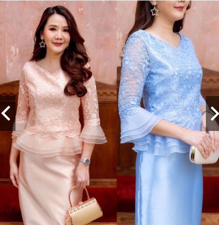kudapy ชุดเซตออกงานไทยประยุกต์สีเทาเงิน/สีฟ้า/สีชมพู/สีทอง/สีโอรส เสื้อเนื้อลูกไม้ใยบวบปักกริ้ตเตอร์แขนระบายผ้าแก้ว+กระโปรงยาวเนื้อเงางา