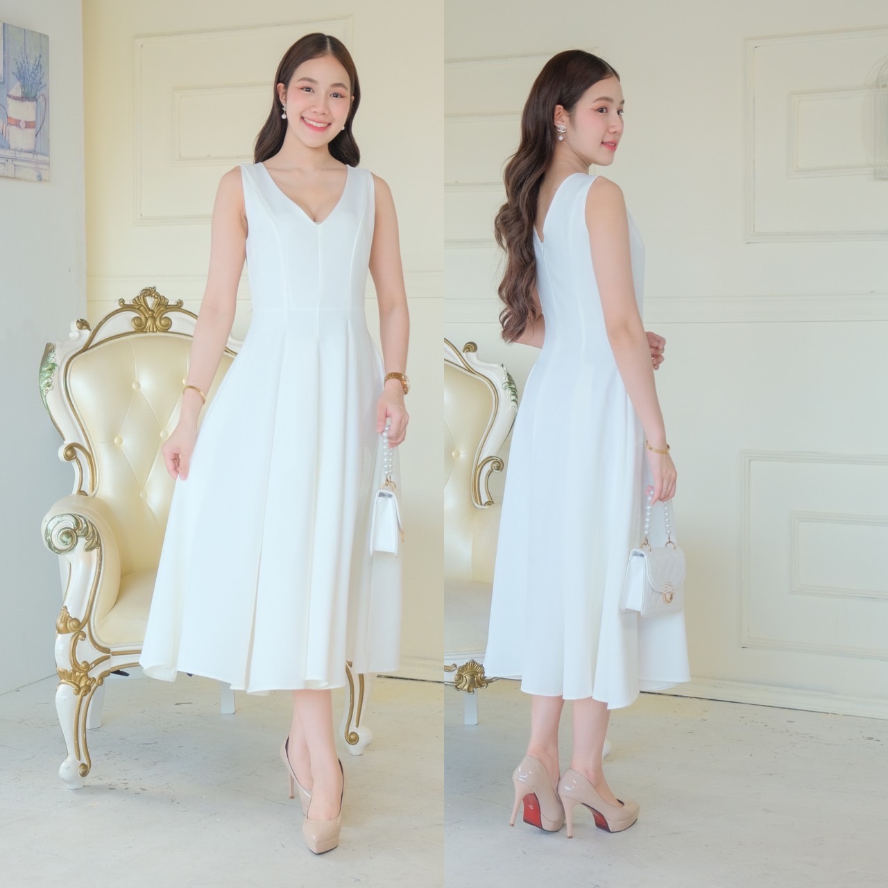 kudapy เดรสยาวผ้าเครปเกาหลี เนื้อดี คัตติ้งเอวสับ ช่วงตัวไม่ต่อเอวแต่เย็บตีเกร็ดข้าง พรางหน้าท้อง กระโปรงบาน