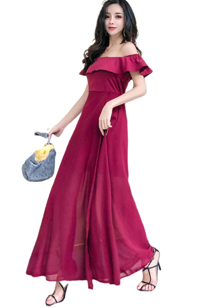 ชุดเดรสยาวออกงานสีแดงเลือดหมู ผ้าโพลีเอสเตอร์ผสม ใส่ได้ 2 แบบ แบบไหล่ป้าน หรือเปิดไหล่ก็ได้ค่ะ