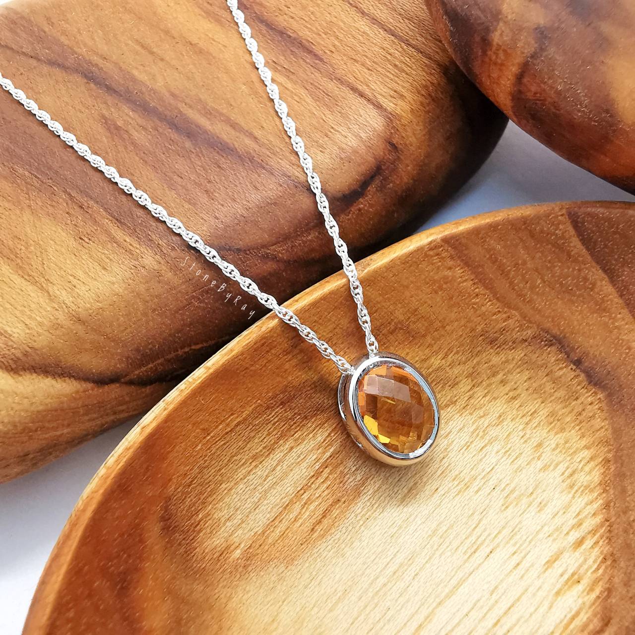 สร้อยคอเงินจี้พลอยซิทรินเจียรเหลี่ยม(Citrine)
