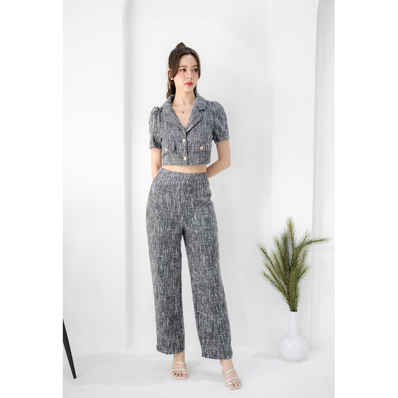 kudapy เซ็ทผ้าทวิตเสื้อปกสูท+กางเกงขายาวสีชมพู/สีดำ