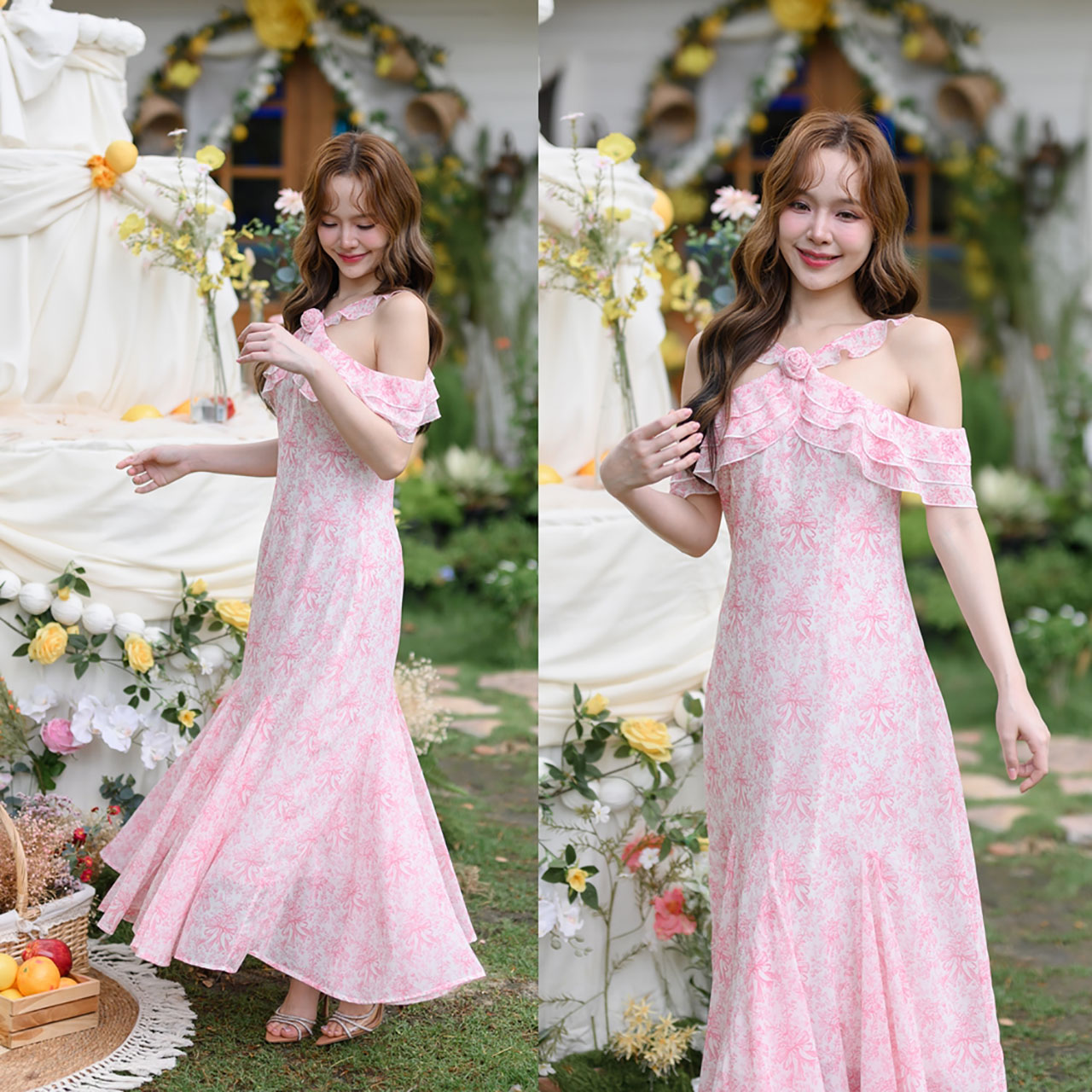 kudapy เดรสยาวสีชมพู ต่อระบายเลเยอร์ 3 ชั้นลงมาปิดแขนทั้ง 2 ข้าง ชายกระโปรงแต่งระบายพลิ้วสวย ทุกความเคลื่อนไหว คอติดเข็มกลัดดอกกุหลาบถอดออกได้