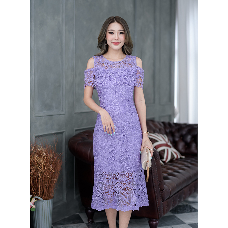 kudapy เดรสสั้นสีชมพู/สีม่วง ลูกไม้เงาทอลายสวยคัดเกรดผ้าเนื้อดีที่สุด แต่งระบายรอบอก ชายกระโปรงแต่งหางปลาระบาย