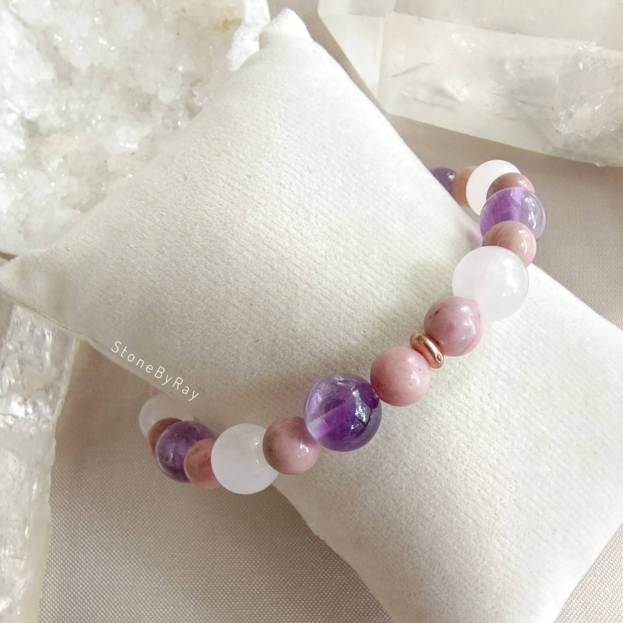 สร้อยข้อมือหินอเมทิสต์,โรโดไนท์,โรสควอตซ์ Amethyst+Rhodonite+Rose Quartz