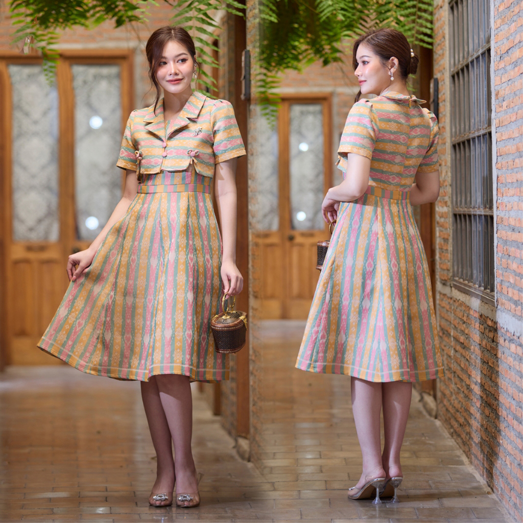 kudapy ชุดเดรสผ้าไหมไทยทอลายขวาง ใส่ออกงาน สีเหลืองตัดชมพู