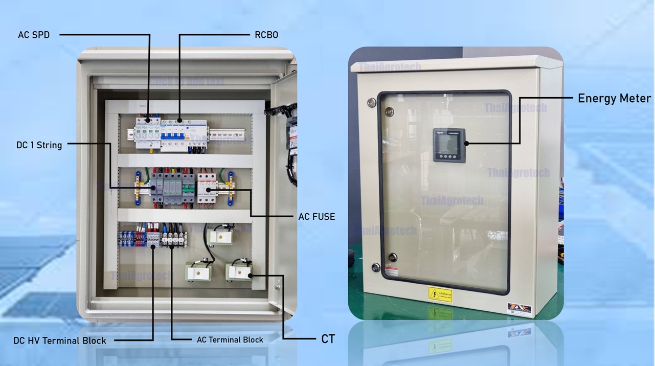 ตู้คอมบายเนอร์ โซล่าเซลล์ มิเตอร์วัดพลังงาน AC-DC Combiner box แบบ 1 String Energymeter DC 1000Vdc, 3Phase