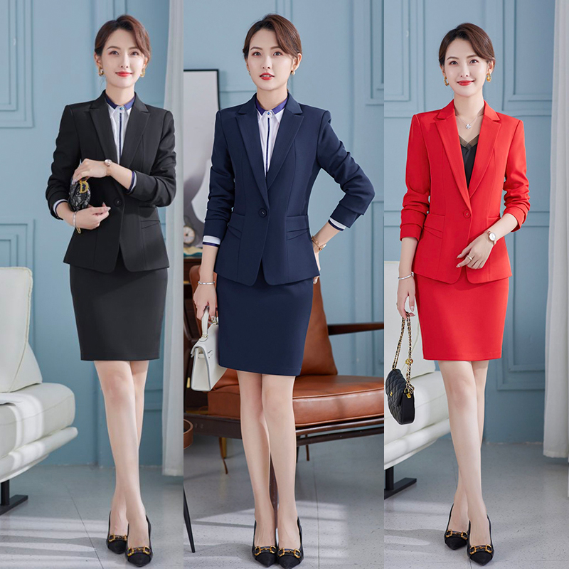 kudapy ชุดสูททำงานผู้หญิงสีกรม/สีแดง/สีดำ ปกป้านเรียบแขนยาวพร้อมกระโปรง