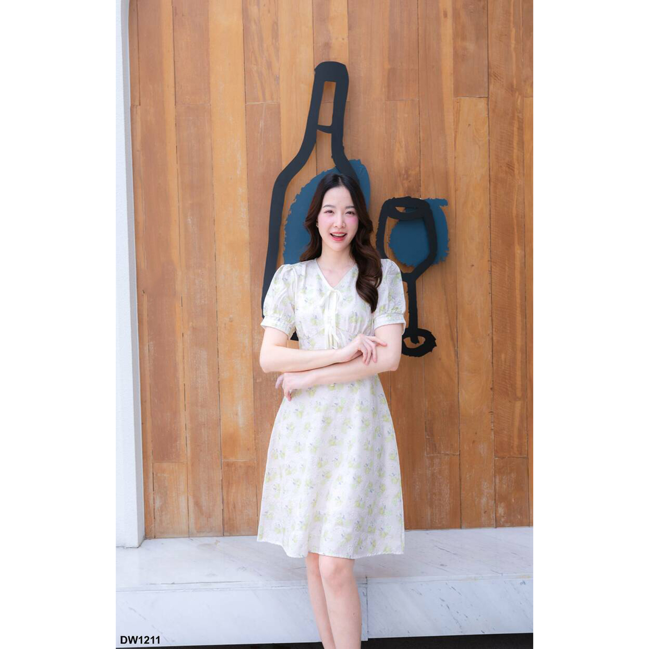 kudapy เดรสสั้นสีชมพู/สีเขียว/สีเหลือง ผ้าลายดอกแต่งโบว์2ชิ้น แขนสั้น สวยดูดี