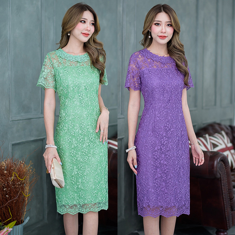 kudapy เดรสสั้นคอกลมปักเลื่อมแขนสั้นสีเขียว / สีม่วง ทรงเอสวยหรู เดรสลูกไม้เกรดพรีเมี่ยม ชุดนี้แนะนำค่ะ เป็นลูกไม้ปักลายสวยงาม