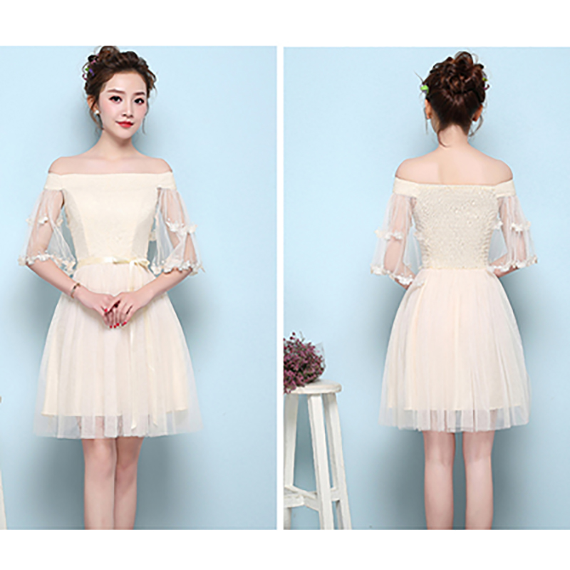 kudapy เดรสสั้นสีครีม ราตรีออกงาน เปิดไหล่แต่งลายผีเสื้อ ตัวเดรสลายดอกไม้ ช่วงเอวคาดผ้าริ้บบิ้นผูก ซิบด้านข้างลำตัว สม๊อกหลัง