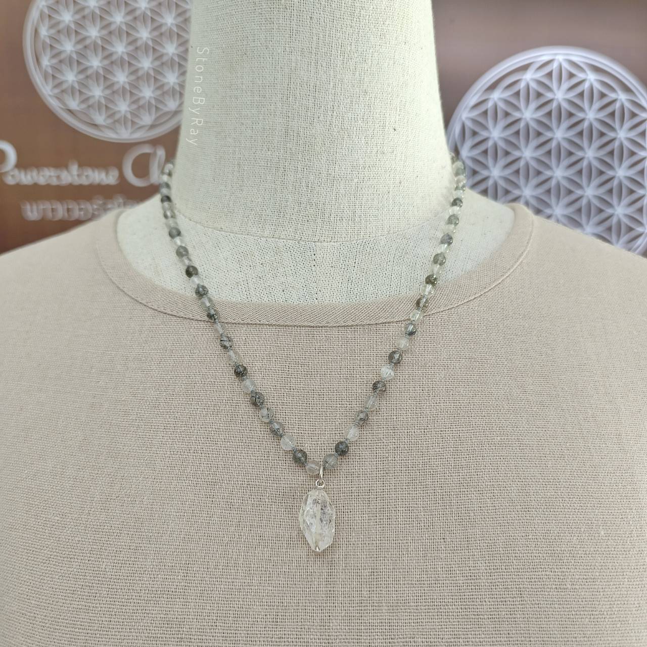 สร้อยคอเชือกถักหินไหมดำกับจี้คริสตัลเฮอร์คิเมอร์ Black Tourmaline Quartz+Herkimer Diamond