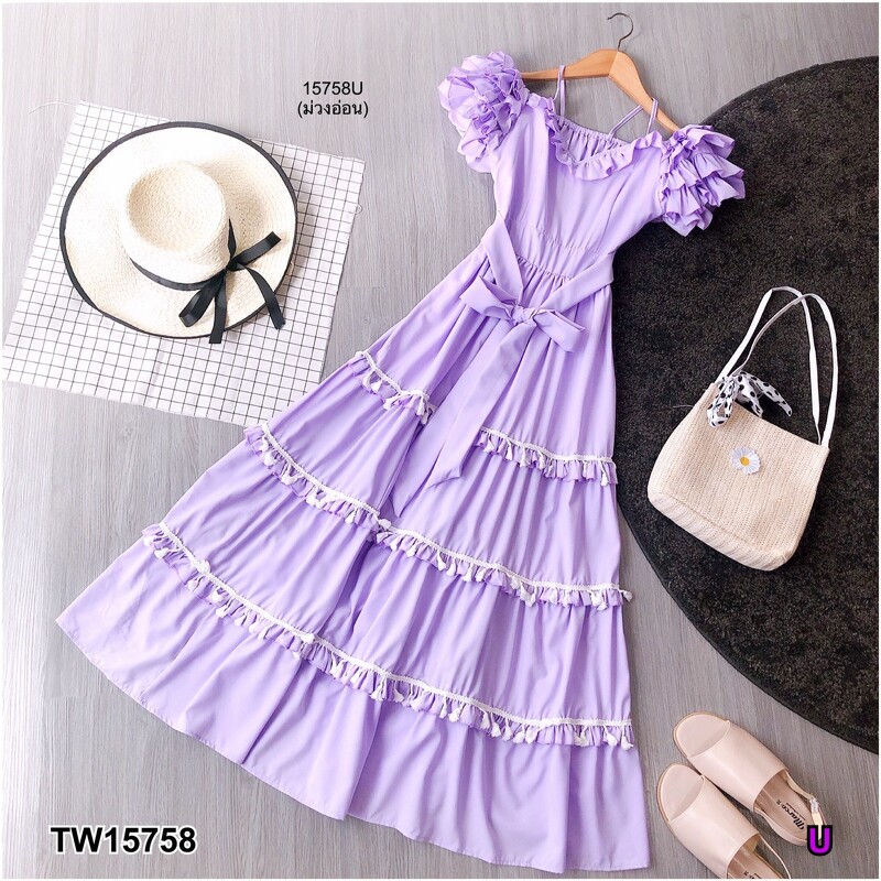 kudapy แม็กซี่เดรสสีชมพู ม่วง ม่วงอ่อน เขียว โอรสเข้ม สายเดี่ยวเว้าไหล่ แขน 2 ข้างระบายชั้น ผ้าไหมอิตาลี่ ระบายชั้นๆ