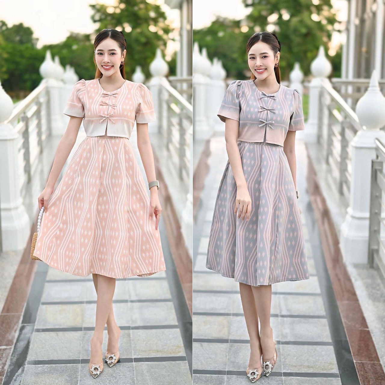 kudapy เดรสสั้นสีชมพูโอรส/สีฟ้าคราม เดรสผ้าไทย แขนสั้น ดีทิวโด่นเด่น ใส่ออกงานสวยดูดี