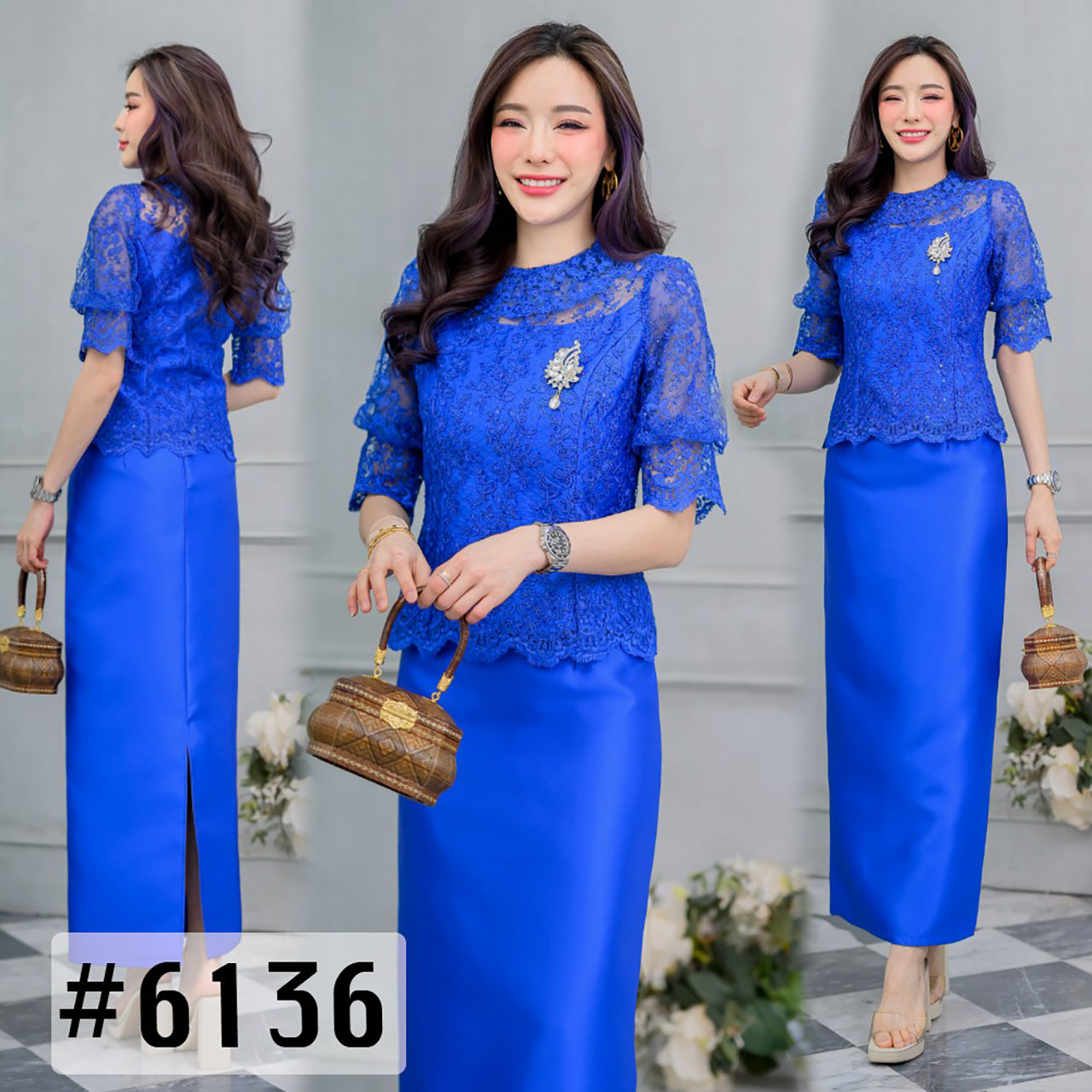 kudapy Set งาน2ชิ้น เสื้อ+กระโปรง เสื้อลูกไม้ทอปักเลื่อม ลูกไม้ใยบวบย้อมสีแบบพิเศษ คอกลม แขนเป็นบอลลูน